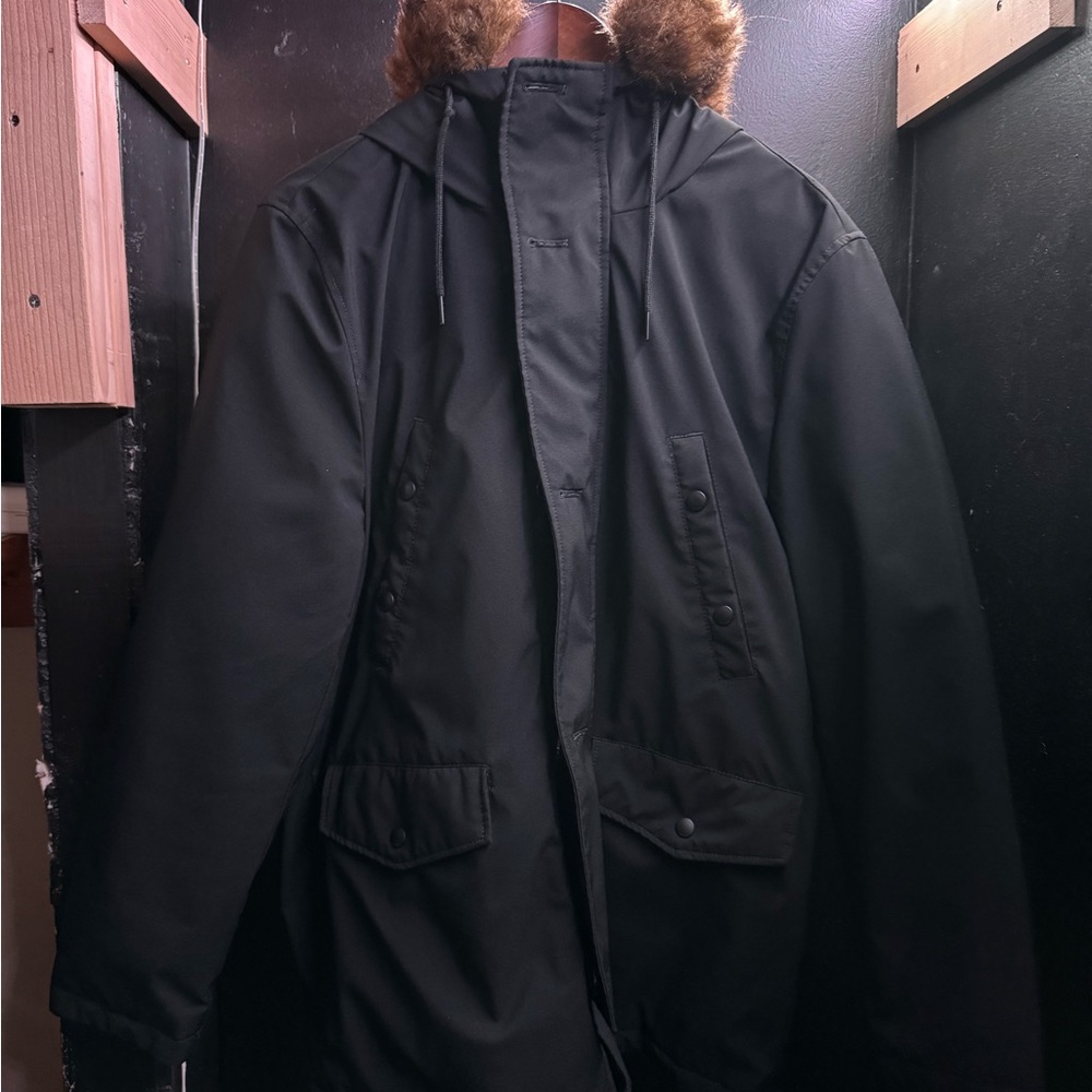 Express Men's Black Jacket with Faux Fur Trim
